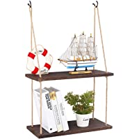 SOLEDI Estante de Pared con Cuerda de cáñamo 2 Niveles Estante de Pared de Madera Estantes de Pared Colgante para la…
